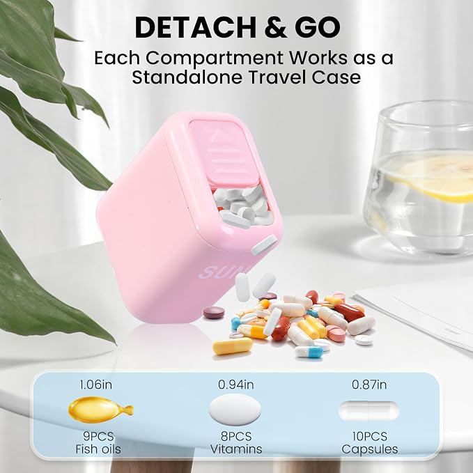 Weekly Pill Organizer with Taken/Untaken Tracker, 7 Day Daily Pill Box for Vitamins Medication Supplements, Large Compartments, Easy Open Leak-Proof Portable Travel Pill Container, BPA Free,Pink