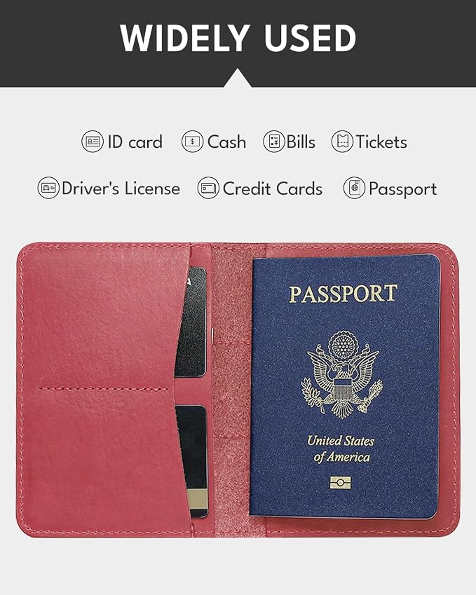 ALLIVE Passport Holder for Travel, Genuine Leather Passport Holder with AirTag Slot for Women and Men, Passport Cover Wallet Travel Must Haves Airport Essentials,Travel Gifts, Pink