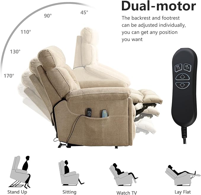 Dual Motor Power Lift Recliner Chair for Elderly, 27" Extra-Wide Seat 450 lbs Weight Capacity Infinite Position Adjustment, with Heated Massage, Cup Holders and USB Port, Camel Fabric