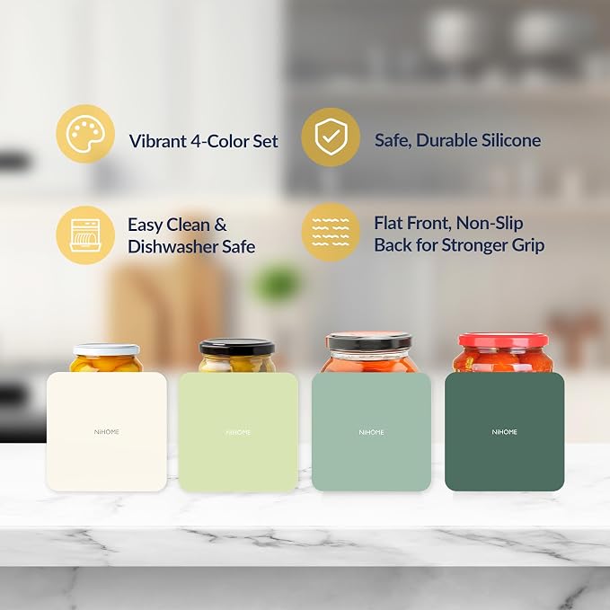 NIHOME Silicone Jar Opener – 6 Inch Large Anti-Slip Grip Pads, Premium 100% Food-Grade Silicone, Stylish Designer Colors, Multi-Purpose Heat-Resistant Mat & Coaster, Set of 4 (Green Gradient, Square)