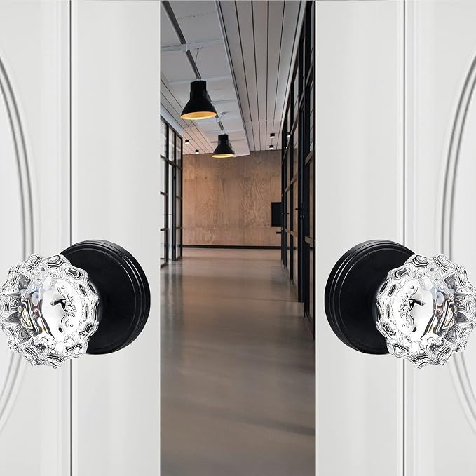Glass Dummy Door Knobs Interior Matte Black Vintage Crystal Dummy Door Knob | for Hall and Closet, Inactive (2 Pack)