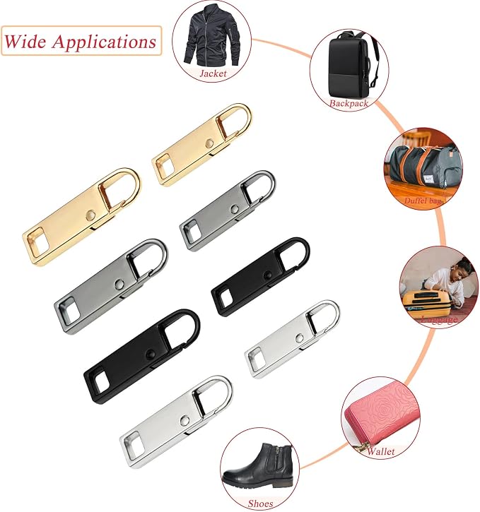 Urmspst Zipper Pull Replacement (Upgraded), 16 Pcs Detachable Zipper Pull Tabs for Luggage Clothing Jackets Backpacks Boots Purse Coat(2Size, 4 Color Black, Silver, Gold, Brilliant Black)