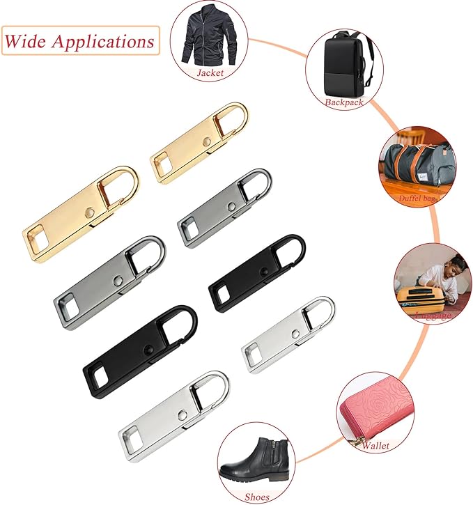 Urmspst Zipper Pull Replacement (Upgraded), 12Pcs Detachable Zipper Pull Tabs for Luggage Jackets Clothing Backpacks Boots Purse Coat(2Size, 2 Colors, Gold, Brilliant Black)