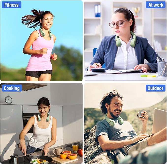 Jancane Portable Neck Fan, USB Rechargeable Personal Fan, 3 Speeds Adjustable, Large air outlet Powerful Strong Wind, Adjustable, 360° Cooling, Super Quiet, No Blade Design, No Hair Twisting,(Green)