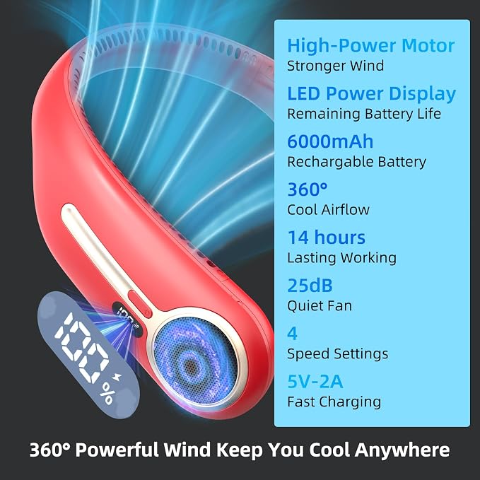 Portable Neck Fan, Personal Wearable Bladeless Fan, 6000mAh USB Rechargeable, 360° Airflow, LED Display, 4-Speeds, Hands Free Fan for Outdoor Indoor, Birthday Gifts for Men Women Dad Mom (Red)