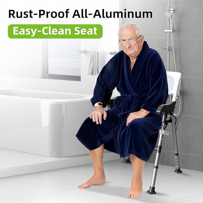 3-in-1 Shower Chair for Seniors, Foldable Bedside Commode, Height Adjustable Raised Toilet Seat with Removable Bucket, Padded Arms & Back Support for Elderly, Adults, 400 lbs Capacity (White)