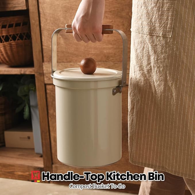 WAGENSTEIGER Kitchen Countertop Compost Bin 101ounces / 3Liters, Airtight Lid SUS304 Stainless Steel Odor-Free Food Waste Bin with Wooden Handle Stylish Design Bathroom Trash Can (Off-White)