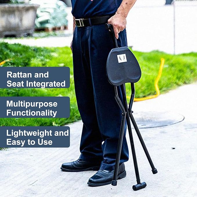 300 Lbs Crutch Stool with Seat, Lightweight Folding Walking Stick Cane for Seniors, Elderly, Portable Mobility Aid for Camping, Hiking, Travel, Outdoor Activities