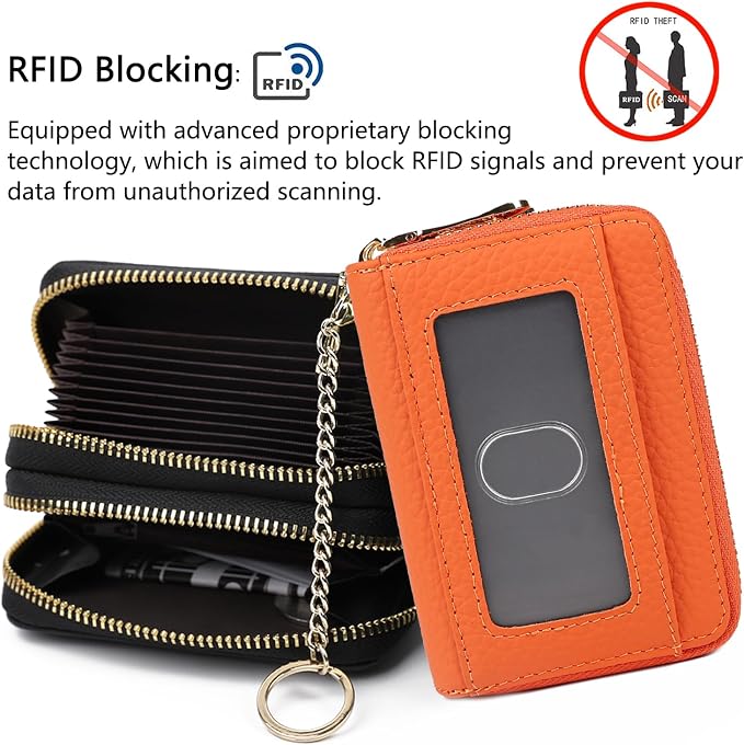 imeetu RFID Credit Card Holder, Small Card Wallet Women, Leather Card Case | Genuine Leather Women's Card & id Cases, Change Coin Purse with Zipper Keychain id Window, 20 Colors & 3 Styles, Daily, Gifts