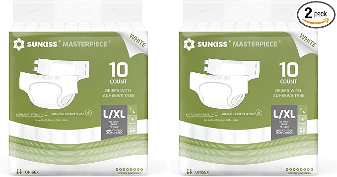SUNKISS Masterpiece Adult Diapers with Tabs, Unisex Disposable Incontinence Briefs for Women and Men, Odor Control, White, Large/XLarge, Previously Large, 10 Count (Pack of 2)