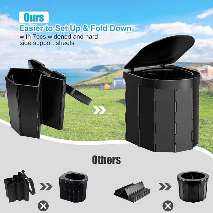 Portable Camping Toilet, Folding Toilet for Adults with Lid and Retractable Toilet Paper Holder, Waterproof Porta Potty with Carry Bag and Disposible Liners