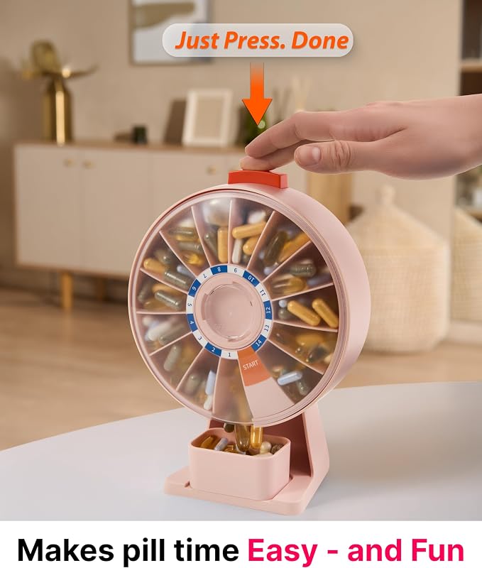 Pill Dispenser 14 Day – Rotating Medicine Organizer Wheel with Push Button, Wall Mounted or Desktop Manual Pill Dispenser for Elderly & Seniors, Large Capacity Vitamin & Medication Organizer