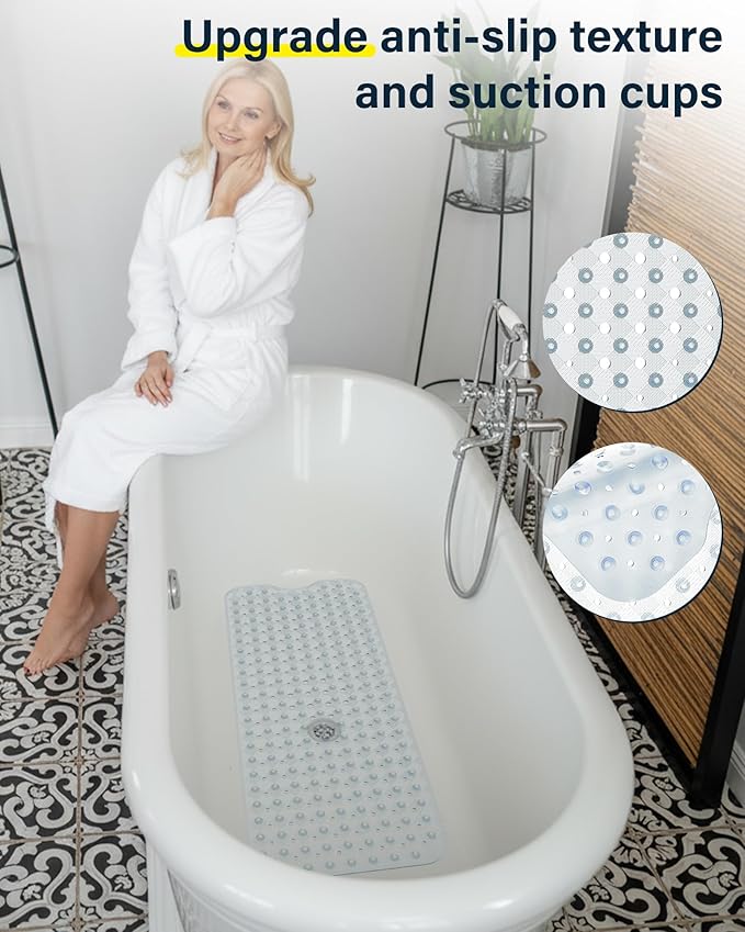 Non Slip Bathtub Mat for Tub & Shower, Machine Washable 40"x16" Anti Slip Bath Mat with 2 Hooks, Soft & Comfortable and Extra Large for Families, Clear