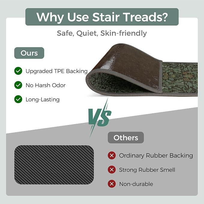 sarben 8"x30" Non Slip Stair Treads for Wooden Steps 15Pk, Dark Sage Green | Peel and Stick Carpet Stair Runner with TPE Adhesive Backing, Carpet for Added Safety, Pet and Senior Friendly