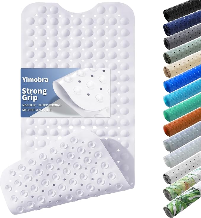 Yimobra Non Slip Bathtub Mat 40 x 16 Inch, Extra Long Shower Mat with Drain Holes, Machine Washable Baby Bath Mats, Strong Suction Cups for Bathroom Floor, Snow