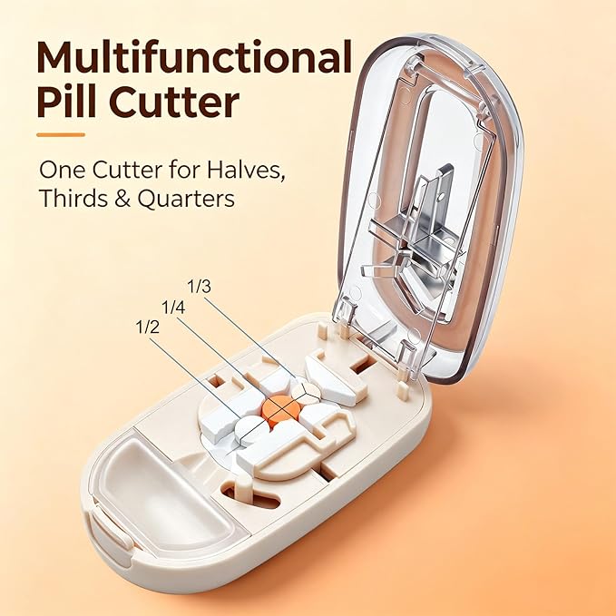 Pill Cutter for Small Tiny and Large Pills, Dual Blade Pill Splitter for Clean and Precise Cuts into 1/2, 1/3, 1/4, with Centering Device, Storage Organizer, Portable & Easy-Grip Design