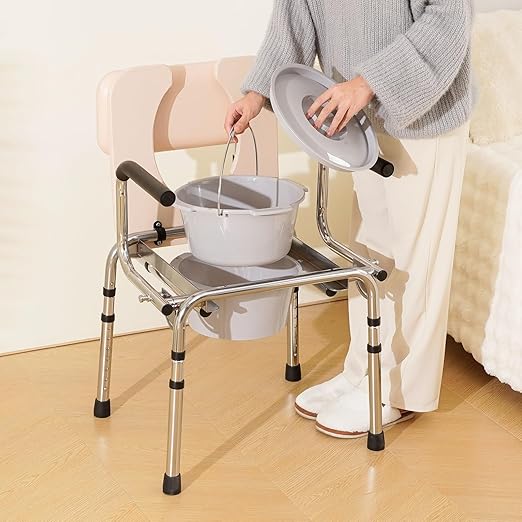 VEVOR Commode Chair, Bedside Commode with Padded Seat, Drop-Down Arms, 7-Level Adjustable Height, 5.8L Removable Bucket, Easy to Assemble, 350LBS Capacity, Portable Toilet for Adults Seniors
