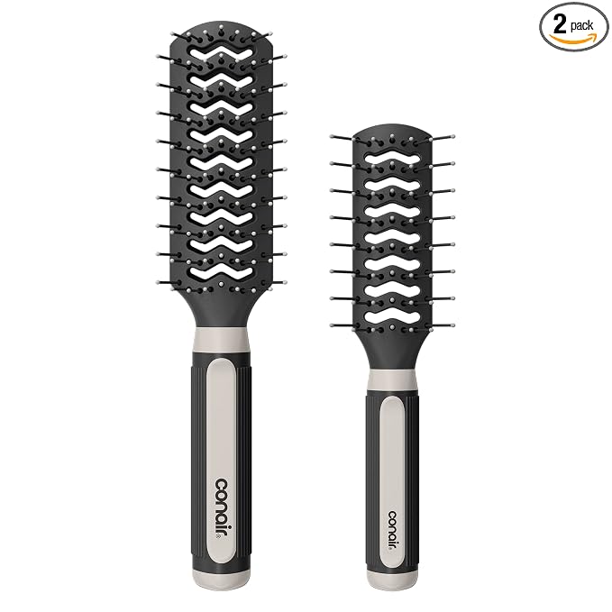 Conair Grip & Lift Vent Hairbrush, Full-Size and Mid-Size Brush Set, Nylon Bristle Hair Brushes for Blowout Styling, Value Pack, Color May Vary