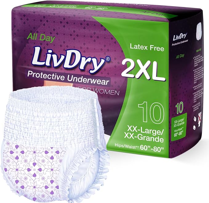 Livdry XXL Adult Diapers Women Overnight, Ultimate Max Absorbency, All Day or Night Protection, Plus Size, XX-Large (10 Count)