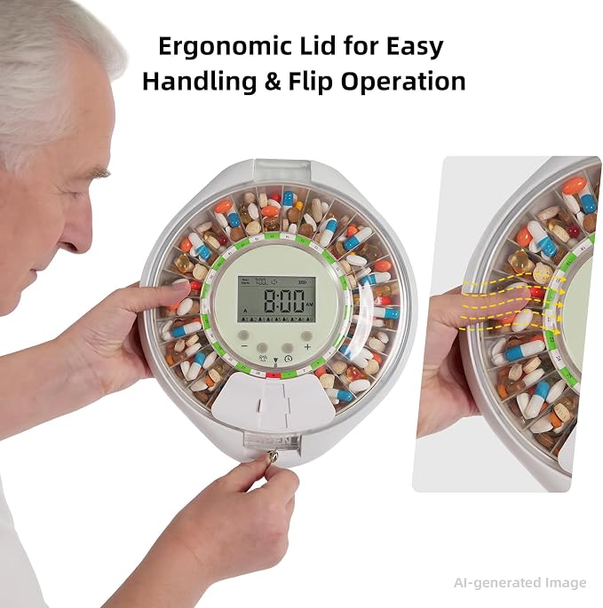 EziMedPil Automatic Pill Dispenser with Ergonomic Lid Design for Seniors | Easy Use Top Key Lock, 9 Daily Alarms & Sound-Light Reminder, Large LCD & Clear Lid Monitoring for Dementia & Senior Care