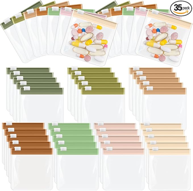 Sherr 35 Pcs Pill Pouch Bags with Zipper Pill Pouch Set Travel Reusable Translucent Medicine Organizer Self Sealing Plastic Bag with Slide Lock for Storage(Sage Green,3 x 3 Inch,Blank Style)