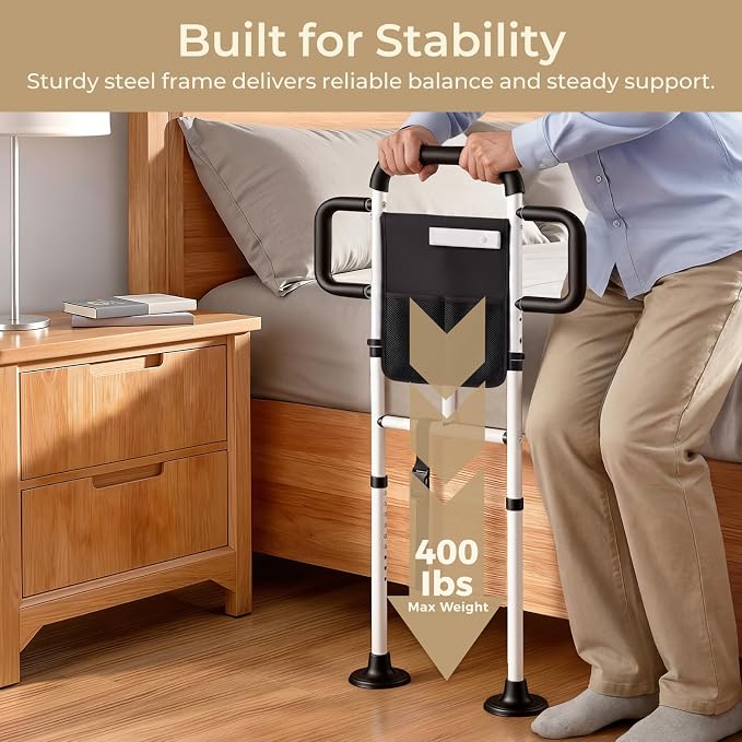 Bed Rails for Elderly Adults Safety, 400 Lbs Support for Seniors, ASTM-Certified Height Adjustable Bed Assist Rail with Motion Sensor Light, Triple Non-Slip Handles & Dual Storage Pockets
