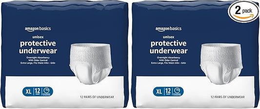 Amazon Basics Unisex Protective Underwear, Overnight Absorbency, Extra Large, 12 Count (Pack of 2)