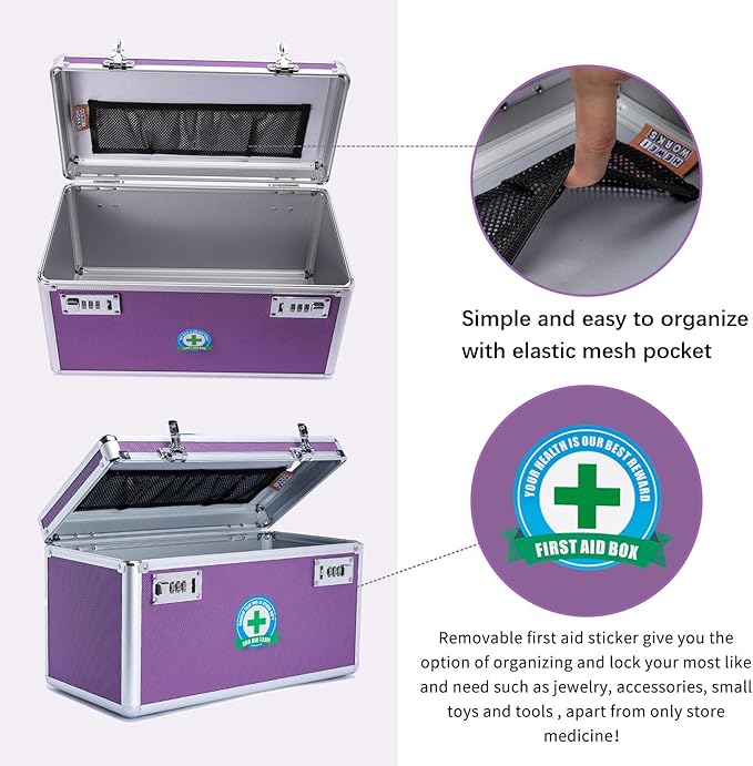Locking Box with Portable Storage Case, 15''x 8.7''x 9.3'', Childproof Medicine Organizer with Combination Lock, Lockbox for Important Documents & Meds, ID Documents (PURPLE)