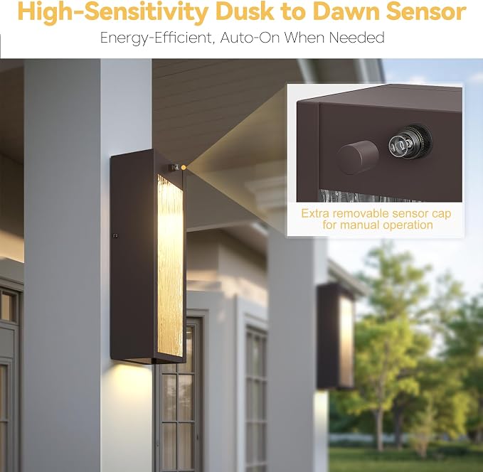 2 Pack LED Outdoor Wall Light 15in Dusk to Dawn Bronze Porch Light | Oil-Rubbed Exterior Lantern, Modern Water Rippleed Sconces, Waterproof Lighting Fixtures, Outside Lamp for Front Door