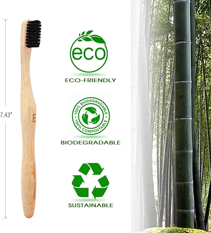 Virgin Forest Bamboo Toothbrush, Biodegradable Bamboo Charcoal Toothbrushes, Natural Eco Friendly Wooden Toothbrush 6-Pack
