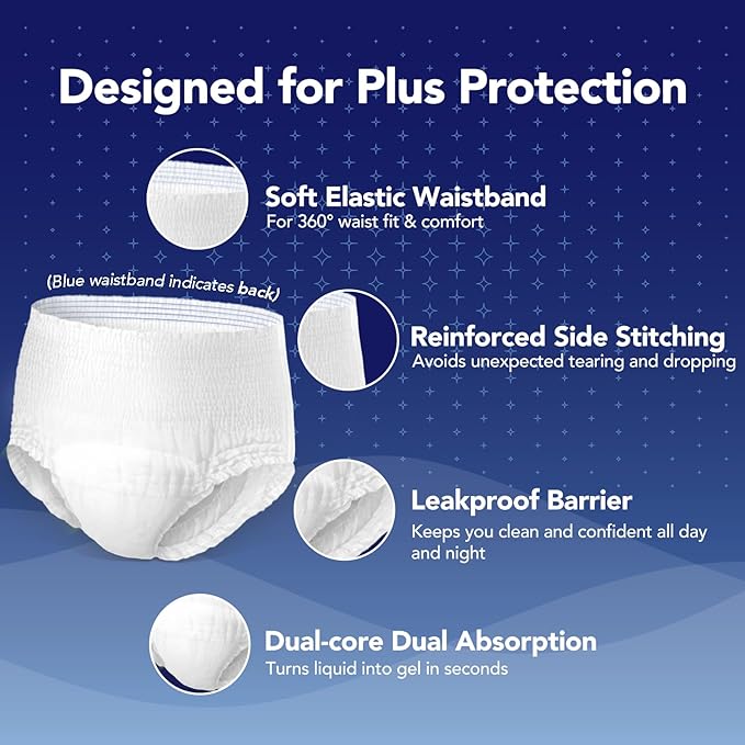 SUNKISS TrustPlus Incontinence Disposable Underwear for Men and Women, Adult Pull Ups with Heavy Absorbency, Leak Protection, Odor Control, XLarge Overnight, 64 Count (4 Packs of 16)