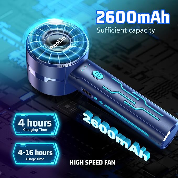 AaoLin 2pcs Portable Handheld Turbo Fan with 7000rpm High-Speed Motor USB Rechargeable Cooling Personal Fan 4-Speed, 4-16H Runtime, with Lanyard for Outdoor Travel, Women, Kids, Summer Gift