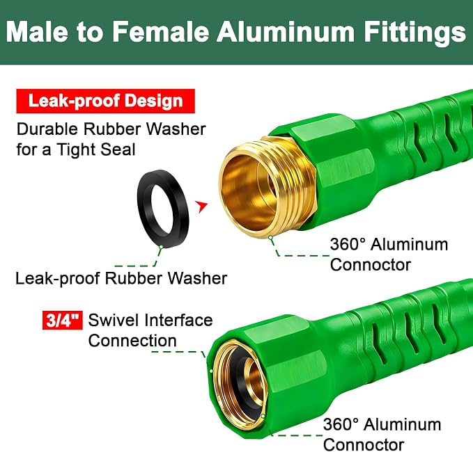 10FT Lightweight Garden Hose,Flexible Water Hose,Kink-Free,Leak-Proof,Swivel Handle Non-Slip,All-Weather 3/4 in. Lead-in Hose for RV,Boat,Car Wash,Garden,Yard,Camper,Outdoor (Green-Black, 10 Feet)