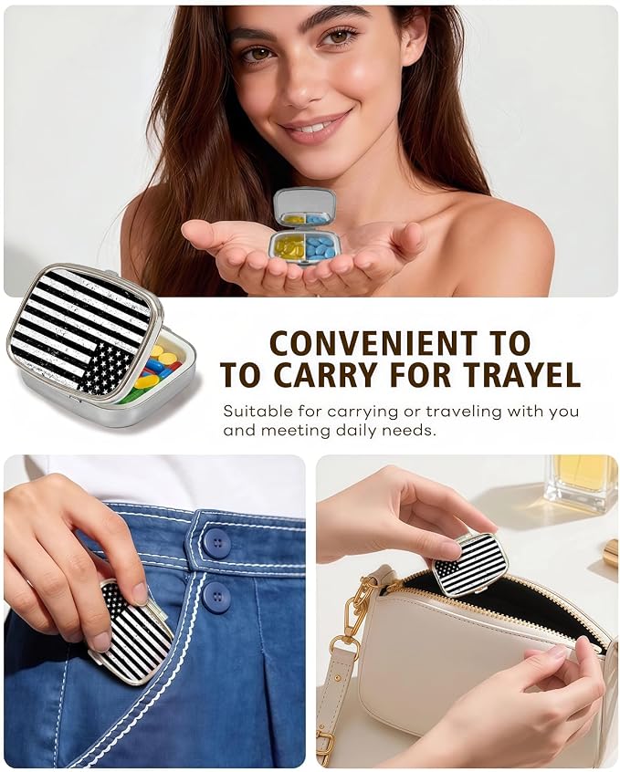 LRITER Pill Case, 2 Compartment Portable Small Travel Pill Organizer for Purse and Pocket, Stylish Medicine Case with Multiple Patterns, Daily Pillbox for Home & Travel (Flag)