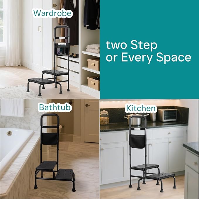 Step Stool with Handle – 2 Step Foot Stool for Adults, Non-Skid Bed Steps for High Beds, Adjustable Handrail with Night Light & Storage Bag, Safe Step Stool for Seniors & Elderly