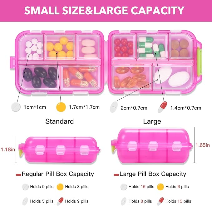 Travel Pill Organizer, 10 Compartments Small Portable Pill Case with 189 Medicine Labels, Compact Medicine Storage Box for Purse, Pocket, Airplane, Travel, Nurse Daily Use 3 Pack