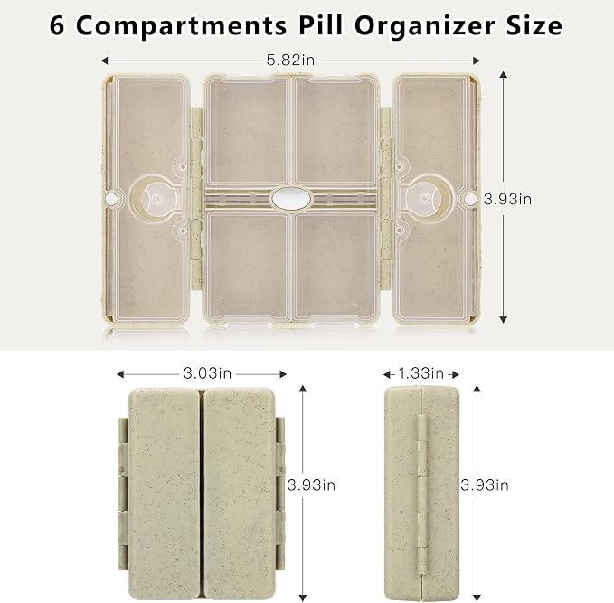 FYY Travel Pill Organizer with Blank Lables,6 Compartments Magnetic Pill Organizer Pill Box for Purse Pocket to Hold Vitamins,Cod Liver Oil,Supplements and Medication-Khaki