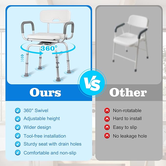 Swivel Shower Chair with Arms and Back, Heavy Duty 400lb Capacity 360° Swivel Stool for Elderly, Disabled & Bariatric Adults, for Shower & Tub, Tool-Free Height Adjustment(16.54"-19.29")