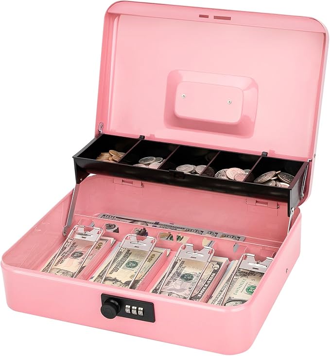 Jssmst Cash Box with Money Tray and Lock - Pink Cash Box with Combination Lock Safe Large, Locking Cash Register Drawer Box for Money, 11.8'' x 9.5'' x 3.5'', SM-CB005PC