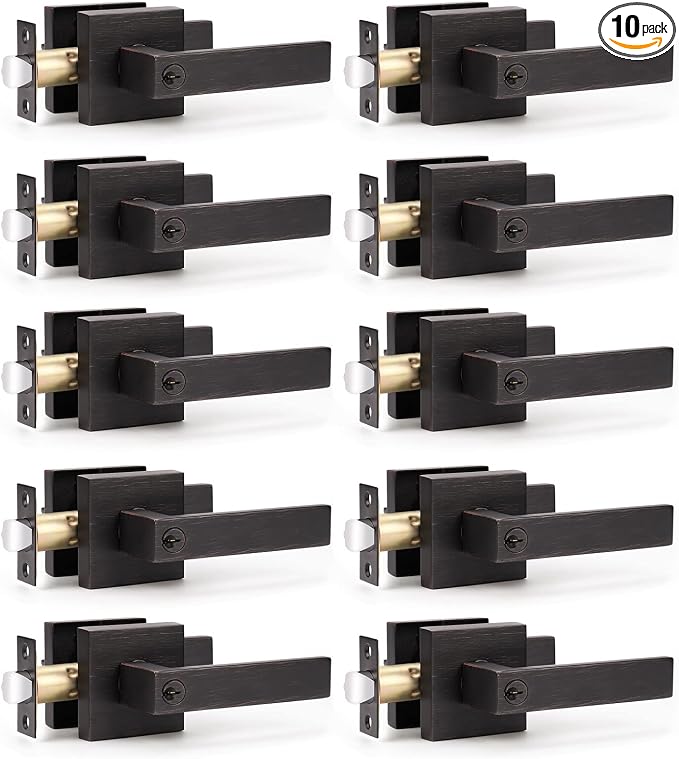 KNOBWELL 10 Pack Heavy Duty Door Lever Lock Keyed Entry Door Handle Lock Set, Oil Rubbed Bronze Keyed(Not Keyed Alike) Exterior Door Handle, Door Levers for Front Doors, 2.13 lb One Lever