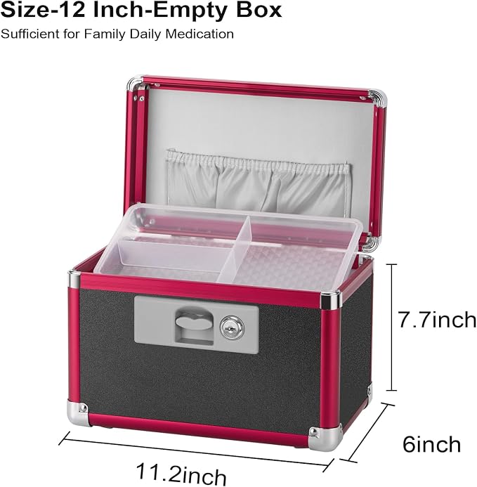 Medicine Lock Box with Key Lock - 12" Hard Case First Aid Safe Medication Storage with Removable Tray & Pockets for Pills, Home, Car & Outdoor - Black Red [with Strap]