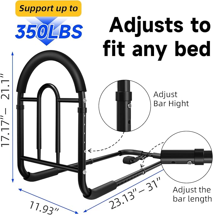 Bed Rails for Elderly Adults Safety - Adjustable Bed Assist Rail with Non-Slip Handle & Storage Pocket, 350LBS, Tool-Free, ASTM Compliant, Bed Cane for Seniors Fits King/Queen/Full/Twin Beds