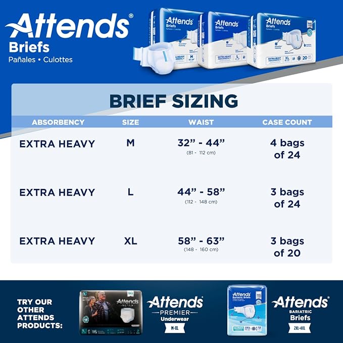 Attends Adult Incontinence Disposable Briefs, Medium, 32"-44" Waist with SecureGrip Tab Closure, Extra Heavy Absorbency with Super Absorbent Core and Breathable Side Panels, 96ct Bag