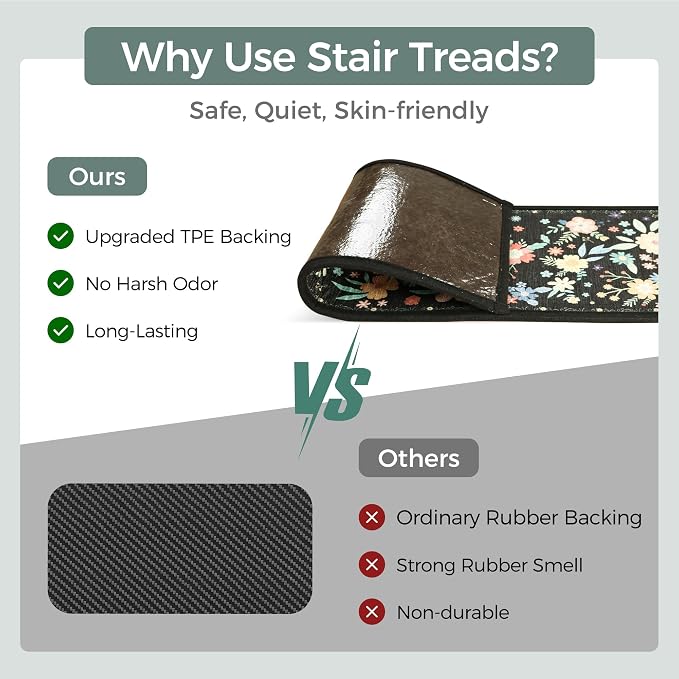 sarben 8"x30" Non Slip Stair Treads for Wooden Steps 15 Pack, Black Floral | Peel and Stick Carpet Stair Runner with TPE Adhesive Backing, Carpet for Added Safety, Pet and Senior Friendly