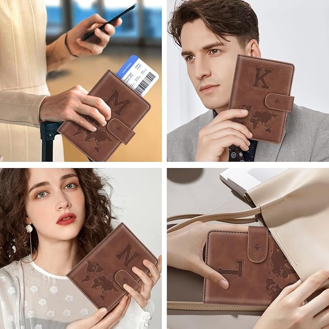 Passport Holder Wallet Cover Personalized Initial Travel Essentials | Embossed Letter A-Z Design, Travel Wallets, RFID Blocking, Passport Book Holders, Women Men, Personalized Gifts, Brown-M