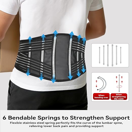 Back Brace for Lower Back Pain Relief,Back Support Belt for Men & Women | 6 Stainless Steel Spring Lumbar Support Belt For Herniated Disc and Sciatica，Four 2-in-1 elastic bands on the back Back Belt