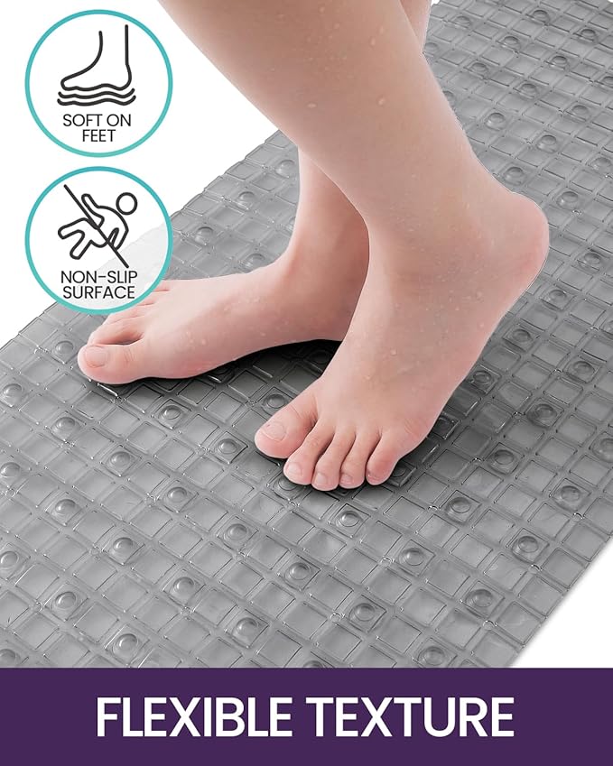 DEXI Bathtub Mat Non Slip, Extra Long 39x16, Suction Cups, Drain Holes, Machine Washable for Tub Shower Floor, Clear Grey