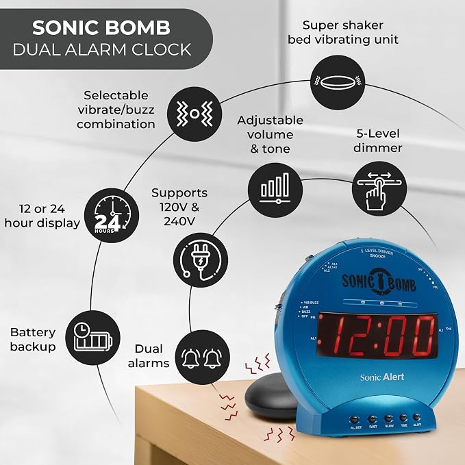 Sonic Alert Sonic Bomb Dual Alarm Clock with Bed Shaker, Turquiose Vibrating Alarm Clock Heavy Sleepers, Battery Backup | Wake with a Shake