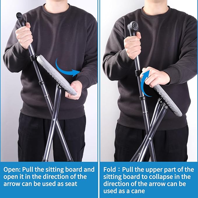 Folding Walking Cane with Seat, Walking Stick with Seat Lightweight for Seniors, Cane Chair with Magnetic Massage Handle & Seat Cover, Height Adjustment, Supports up to 330 Pounds