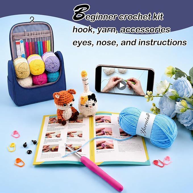 Yarniss Crochet Kit for Beginners, All in One Crochet Kits with 840 Yards Crochet Yarn, Ergonomic Crochet Hooks Set with Yarn for Adults, Navy